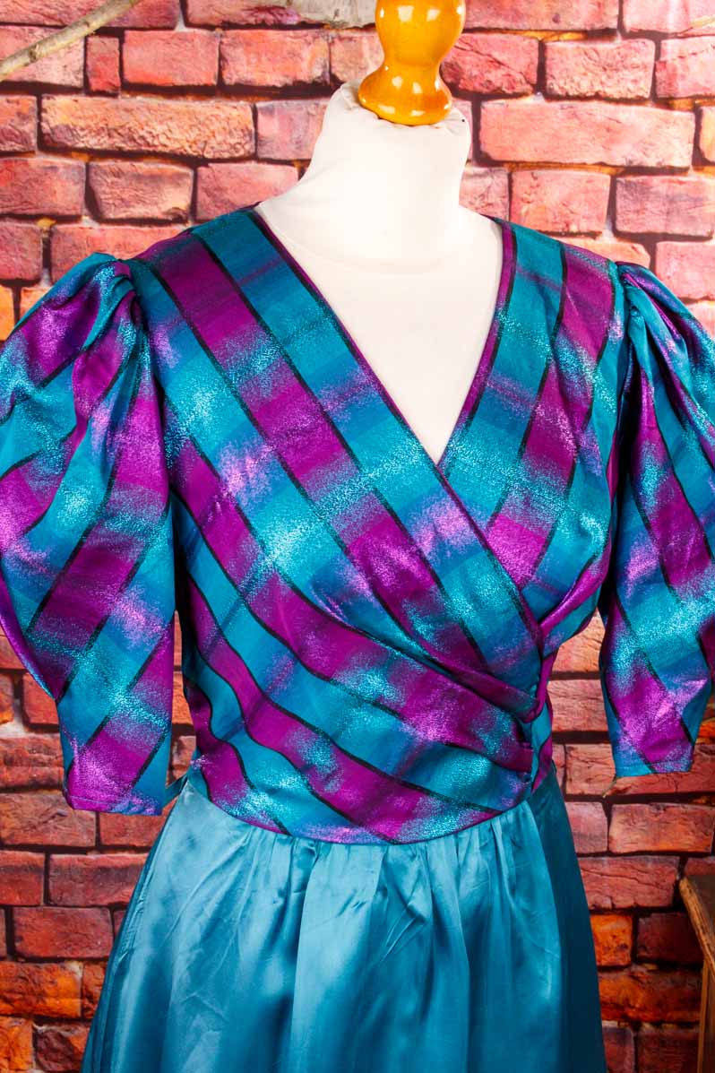 80s Abendkleid türkis lila Brokat