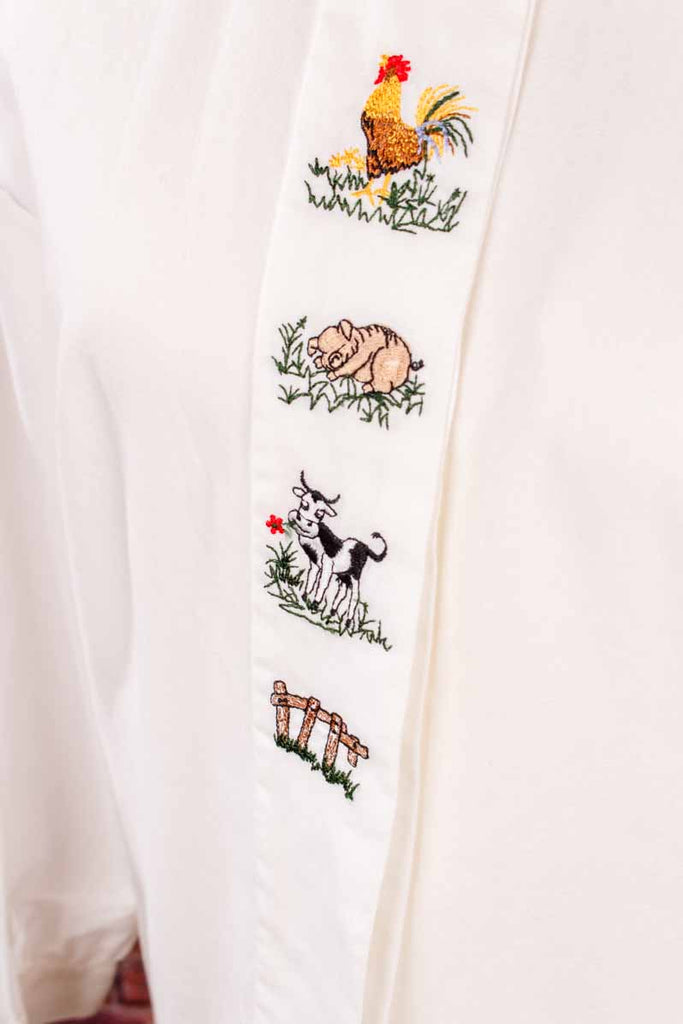 Vintage Bauernbluse weiß Huhn+Schwein