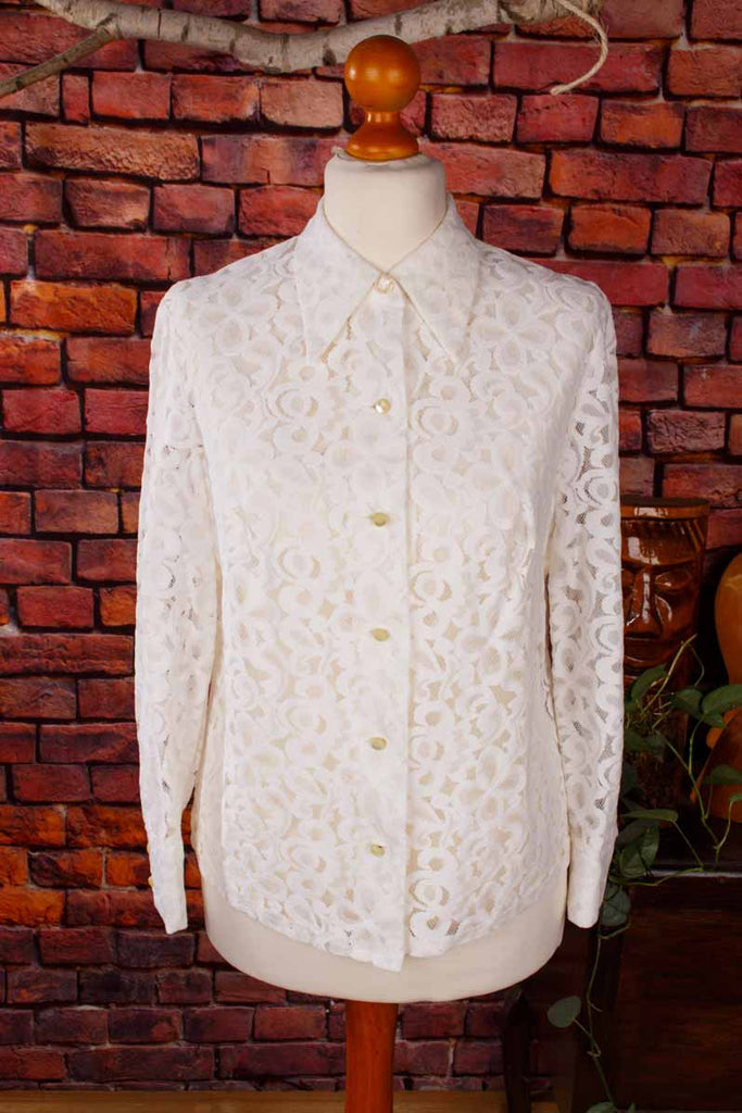 70s Bluse aus Spitze mit großem Kragen