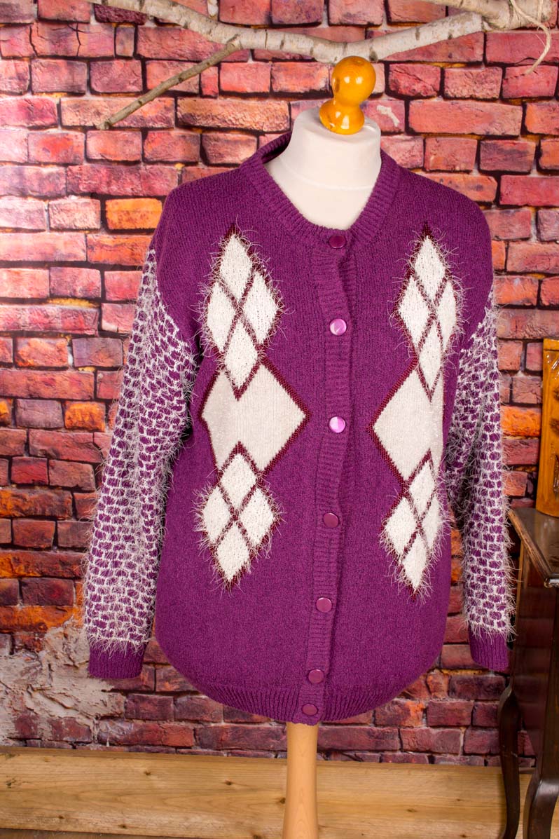Vintage Strickjacke lila Rautenmuster