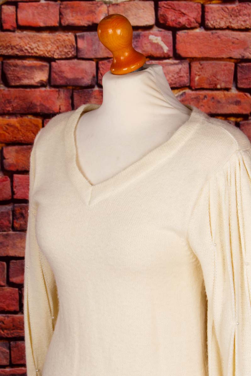 Boho Strickkleid wollweiß mit perlen