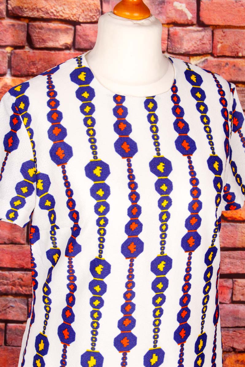 70er Shiftkleid Hexagon blau weiß