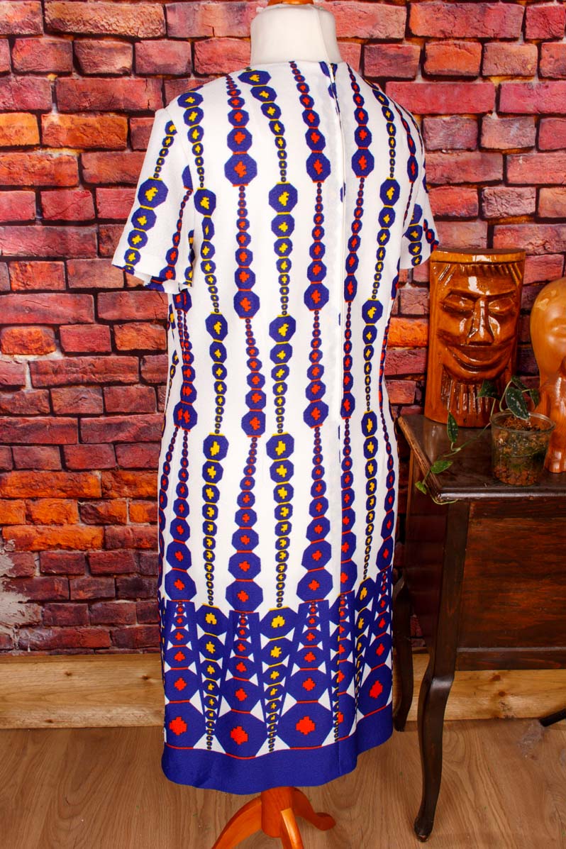 70er Shiftkleid Hexagon blau weiß