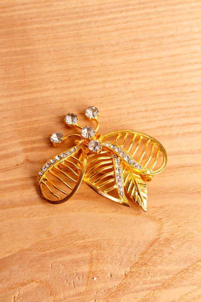 70s Anstecknadel Gold Strass Blätterform