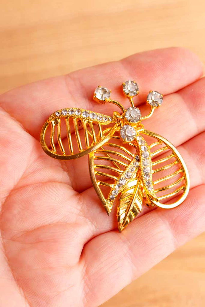 70s Anstecknadel Gold Strass Blätterform