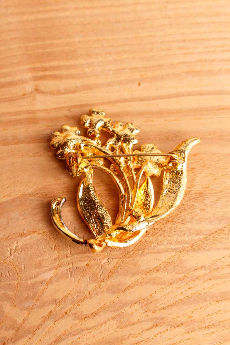 70s Brosche Gold+Silber Strass Blumen
