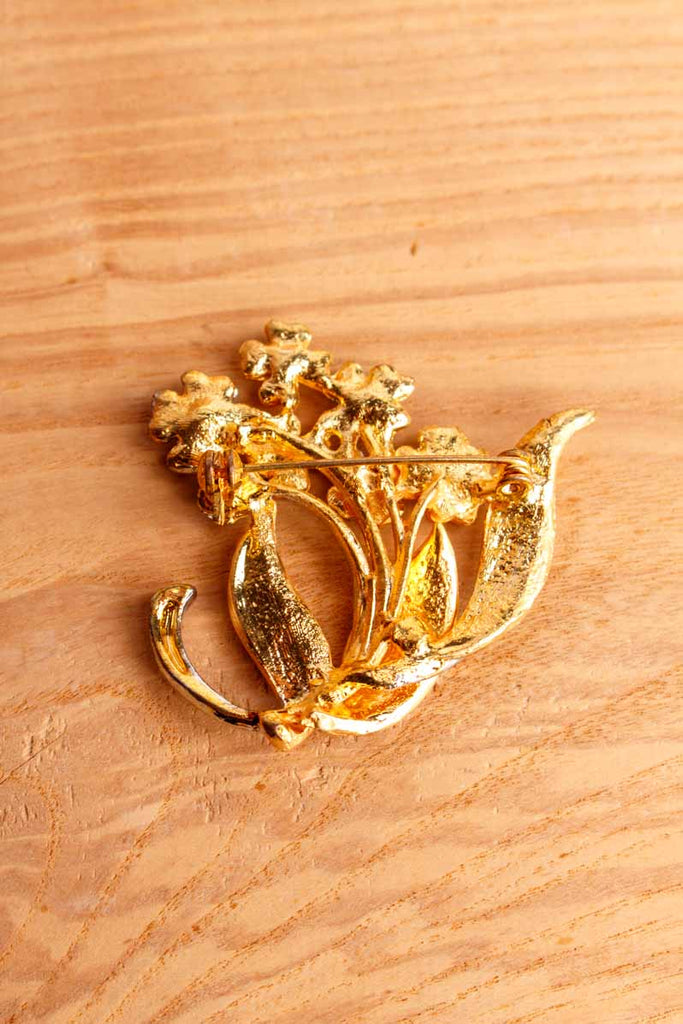 70s Brosche Gold+Silber Strass Blumen