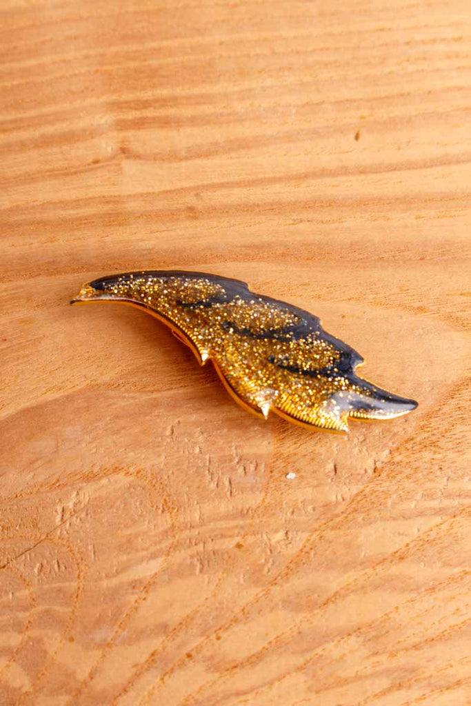 80s Brosche goldenes Blatt mit Glitzer