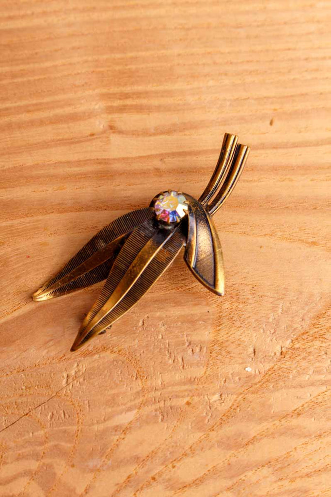70s Brosche Bronze Blatt mit Strass