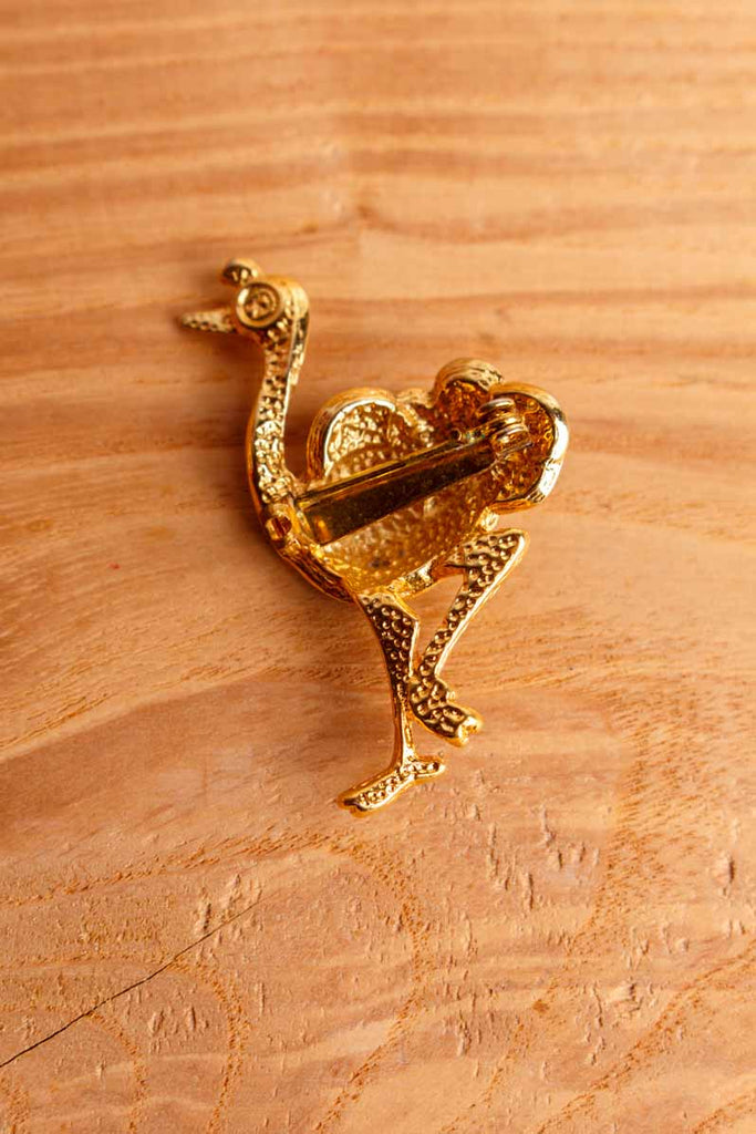 VTG Brosche Vogel Strauss gold Emaille