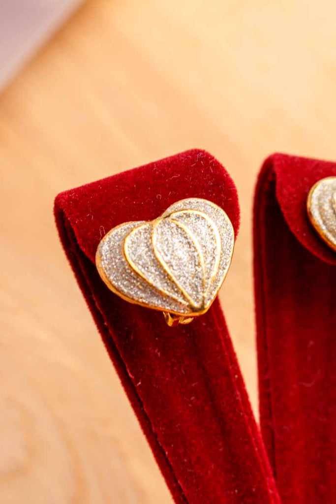 80s Ohrclips goldenes Herz mit Glitzer