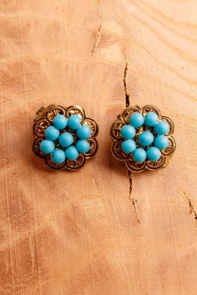 kleine 60s Ohrclips gold mit blau