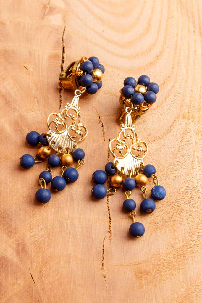 70s Ohrclips Ohrhänger blau gold