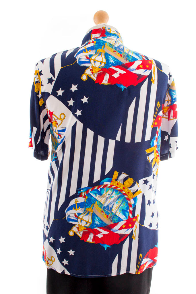 Vintage Bluse maritim Viskose 90er blau Boho bunt Frau M 40-42 Rockabilly Sekretärin vintageberlin.de