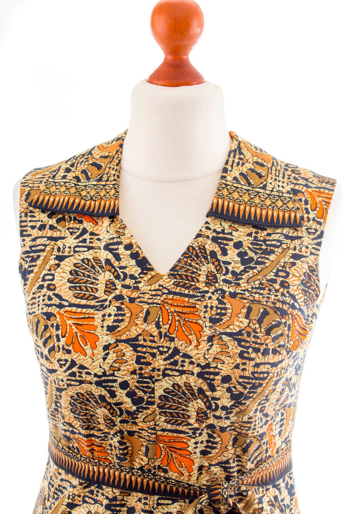 Vintage Kleid Ethnomuster 60er 70er beige Boho braun Frau gelb M 40-42 Mod Rockabilly S 36-38 Sekretärin vintageberlin.de