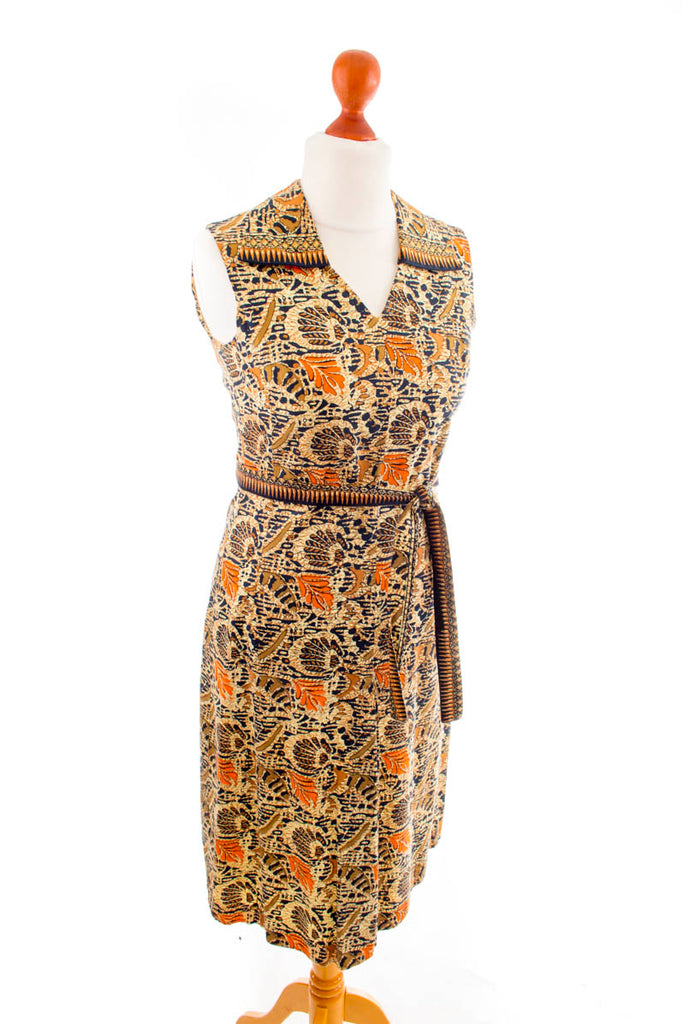 Vintage Kleid Ethnomuster 60er 70er beige Boho braun Frau gelb M 40-42 Mod Rockabilly S 36-38 Sekretärin vintageberlin.de