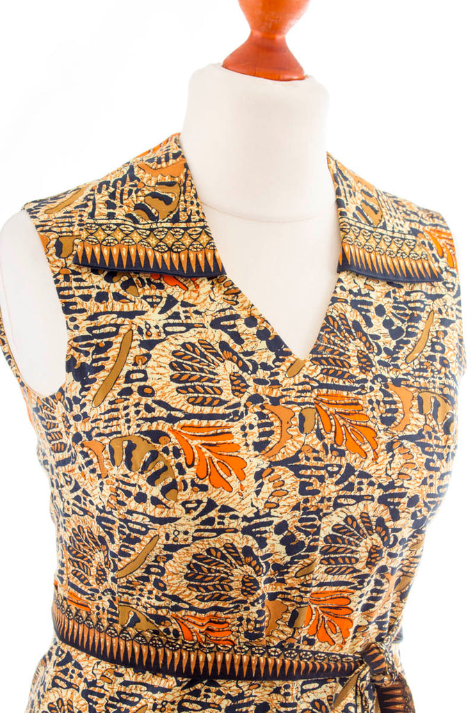 Vintage Kleid Ethnomuster 60er 70er beige Boho braun Frau gelb M 40-42 Mod Rockabilly S 36-38 Sekretärin vintageberlin.de