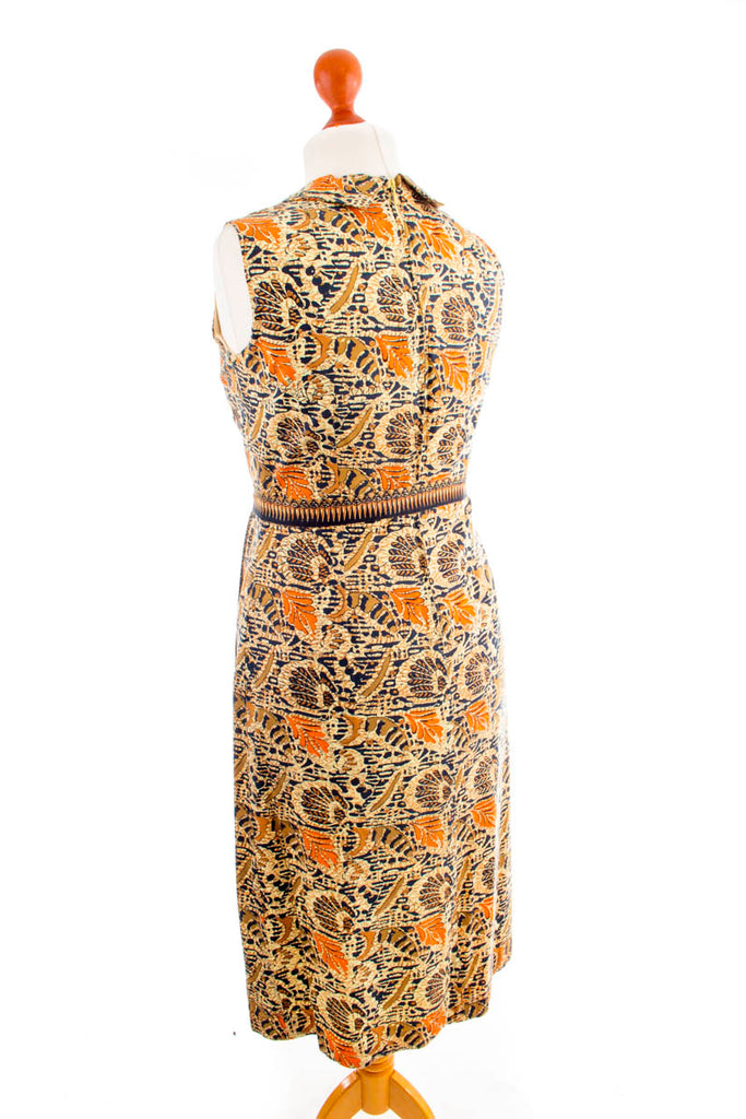 Vintage Kleid Ethnomuster 60er 70er beige Boho braun Frau gelb M 40-42 Mod Rockabilly S 36-38 Sekretärin vintageberlin.de