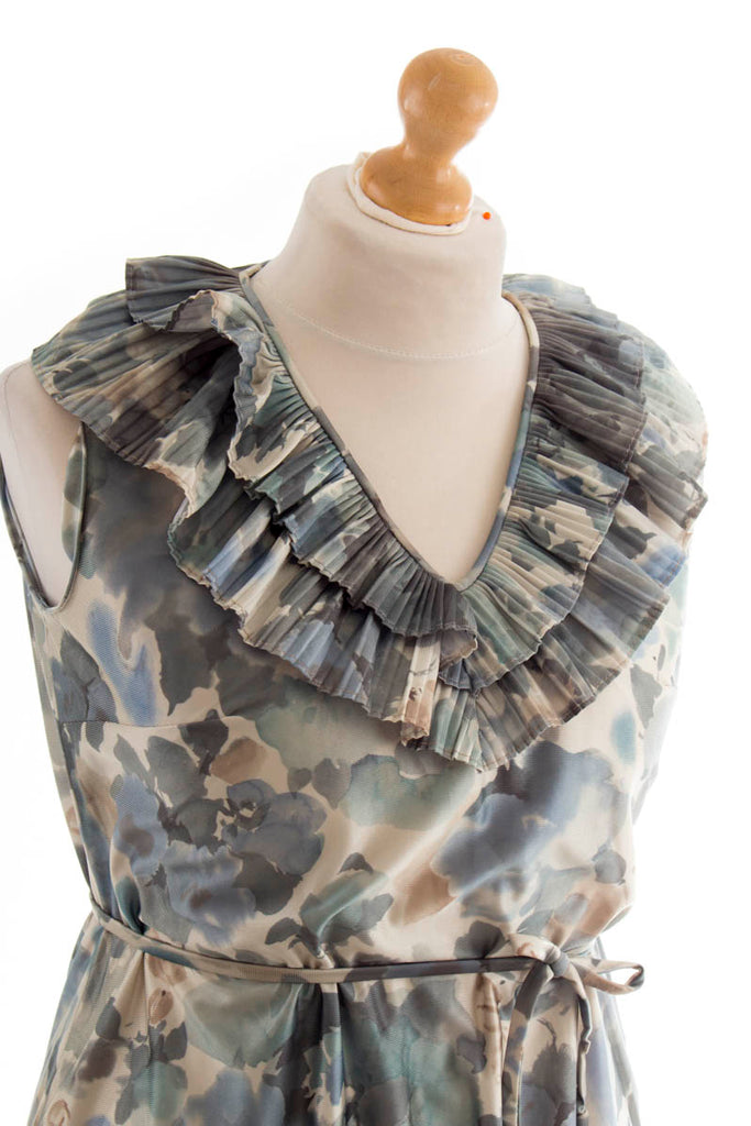 Vintage VEB Kleid aquarell Rüschen 70er DDR Frau grau grün L 44-46 M 40-42 Rockabilly vintageberlin.de