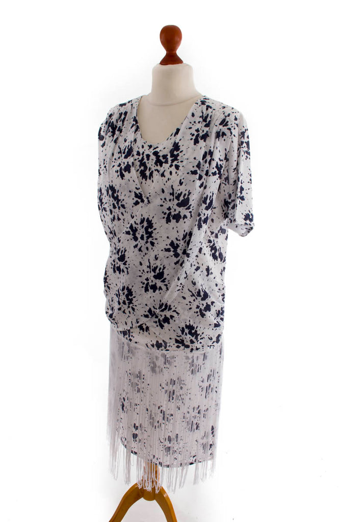 80er Jahre Fransenkleid blau weiß 20er 80er blau Boho Charleston Flapper&Charleston Frau M 40-42 weiß vintageberlin.de