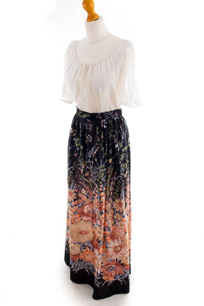 Maxirock bunt Blumen 70er Boho braun bunt Frau Hippie S 36-38 schwarz vintageberlin.de