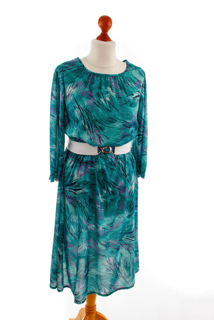 80er Stretchkleid türkis Muster 80er Boho Frau L 44-46 M 40-42 Rockabilly Sekretärin türkis vintageberlin.de