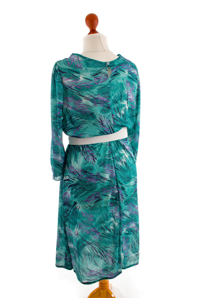 80er Stretchkleid türkis Muster 80er Boho Frau L 44-46 M 40-42 Rockabilly Sekretärin türkis vintageberlin.de