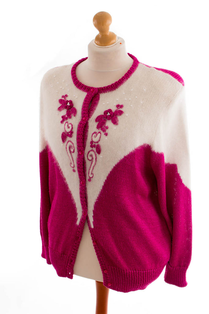 80er Strickjacke weiß pink Default Title 80er Boho Frau L 44-46 M 40-42 pink Rockabilly Sekretärin weiß vintageberlin.de