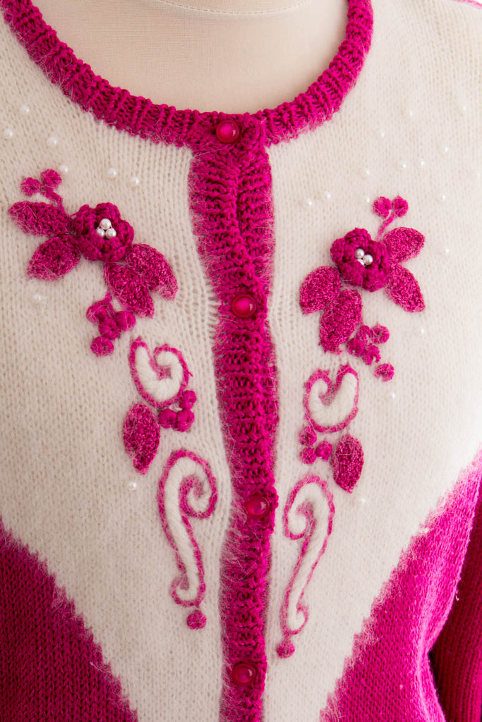 80er Strickjacke weiß pink 80er Boho Frau L 44-46 M 40-42 pink Rockabilly Sekretärin weiß vintageberlin.de