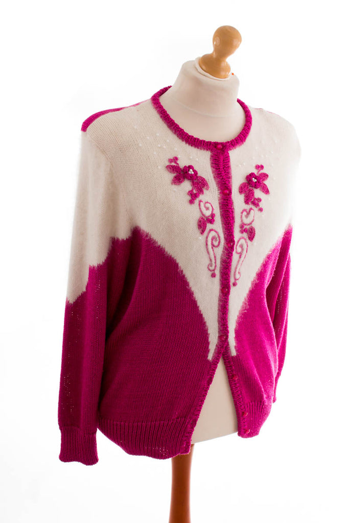 80er Strickjacke weiß pink 80er Boho Frau L 44-46 M 40-42 pink Rockabilly Sekretärin weiß vintageberlin.de