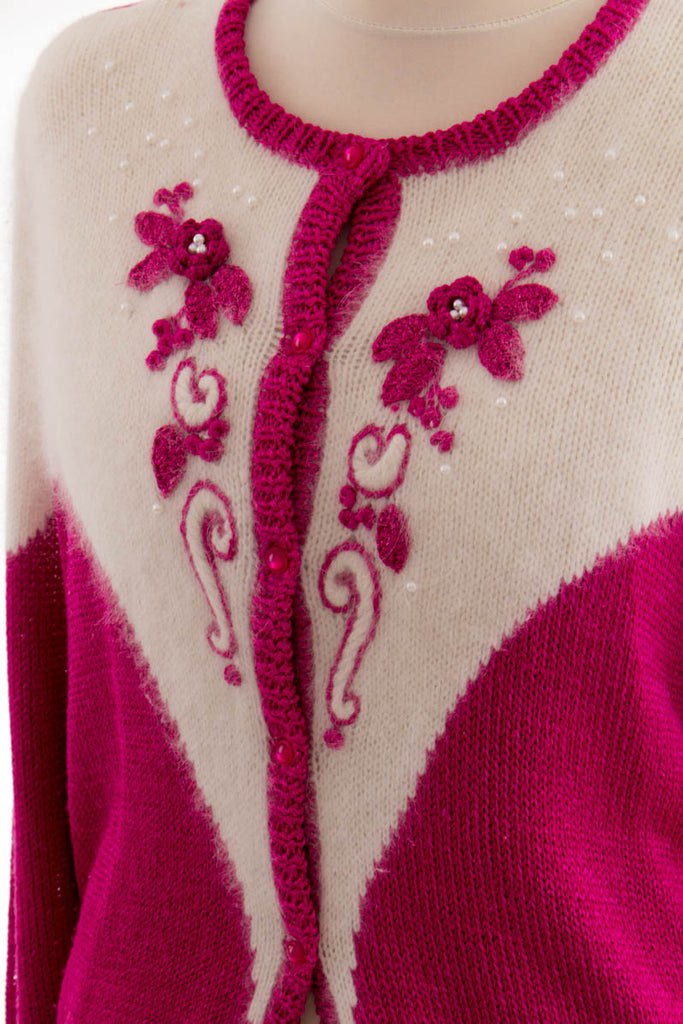 80er Strickjacke weiß pink 80er Boho Frau L 44-46 M 40-42 pink Rockabilly Sekretärin weiß vintageberlin.de