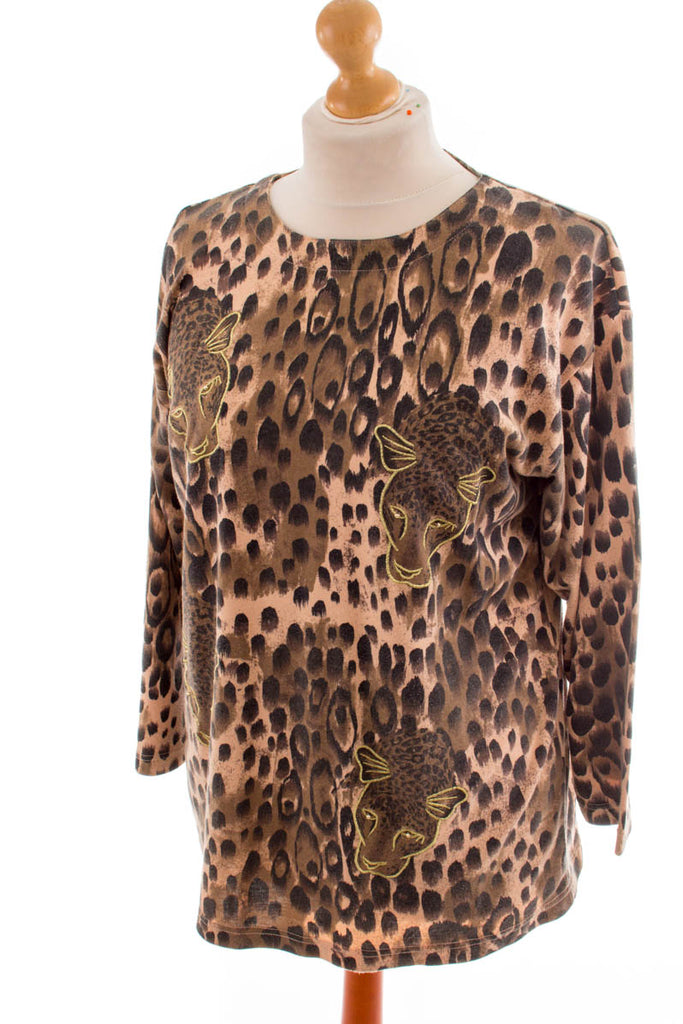 Vintage Leo Shirt gold bestickt Default Title 80er 90er beige Boho braun Disco Frau gold L 44-46 M 40-42 Sekretärin vintageberlin.de