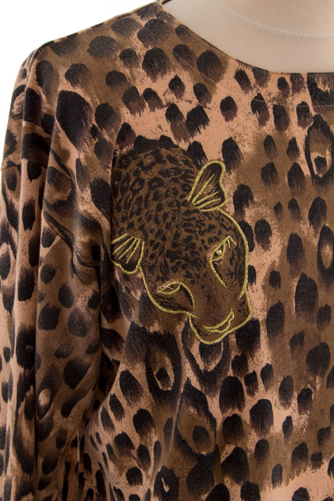 Vintage Leo Shirt gold bestickt 80er 90er beige Boho braun Disco Frau gold L 44-46 M 40-42 Sekretärin vintageberlin.de