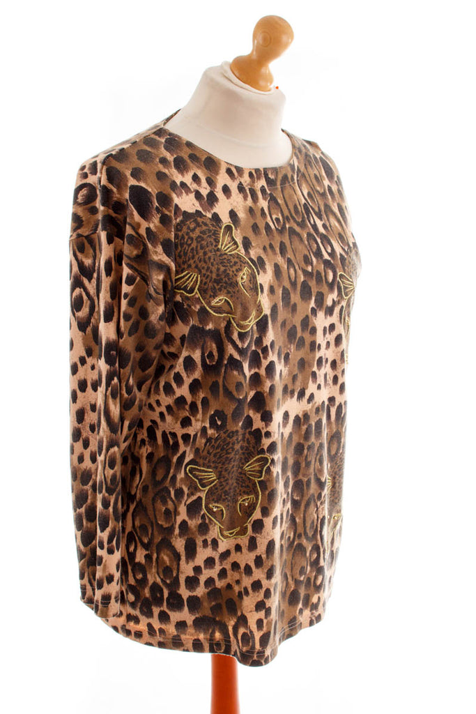 Vintage Leo Shirt gold bestickt 80er 90er beige Boho braun Disco Frau gold L 44-46 M 40-42 Sekretärin vintageberlin.de