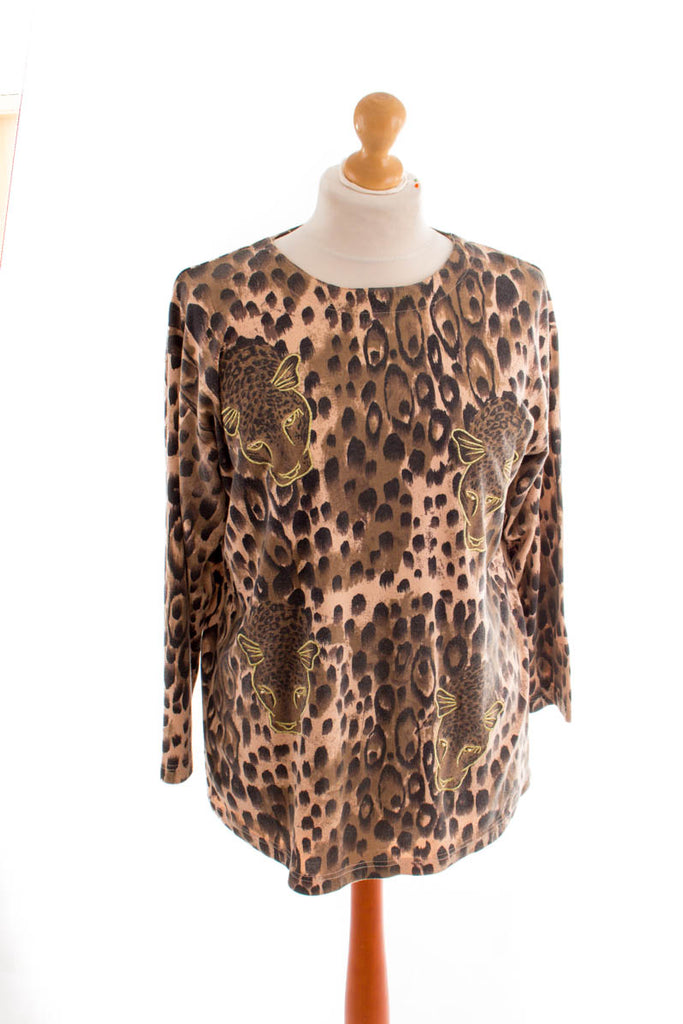 Vintage Leo Shirt gold bestickt 80er 90er beige Boho braun Disco Frau gold L 44-46 M 40-42 Sekretärin vintageberlin.de