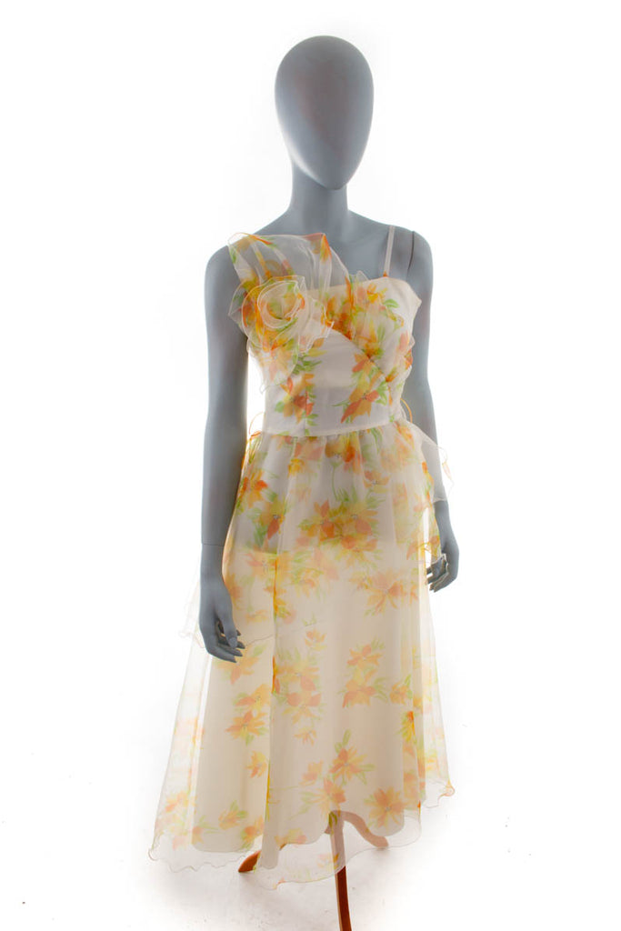 Zartes Cocktailkleid weiß gelb Blumen 80er 90er Abendmode bunt Disco Frau gelb Rockabilly weiß XS 32-34 vintageberlin.de