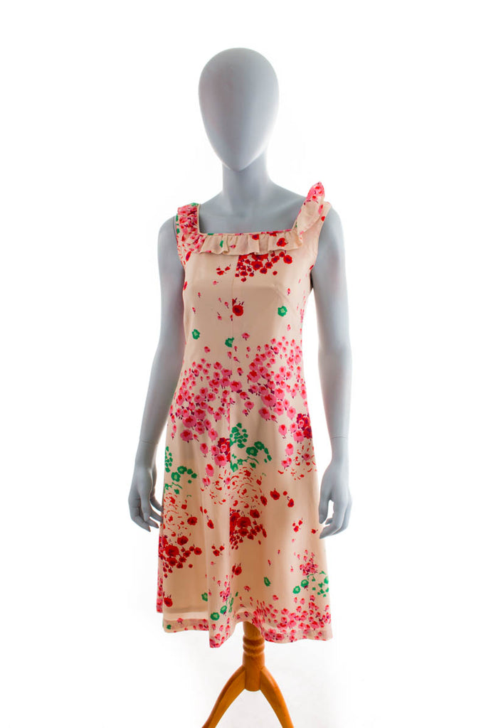 60er Jahre Sommerkleid Blumen 60er beige Boho bunt Disco Frau Hippie Rockabilly S 36-38 vintageberlin.de