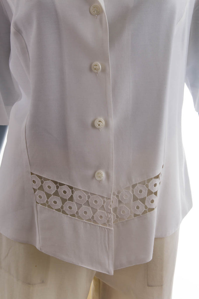 Vintage Bluse weiß Spitzeneinsatz 90er Boho Frau L 44-46 Sekretärin weiß vintageberlin.de