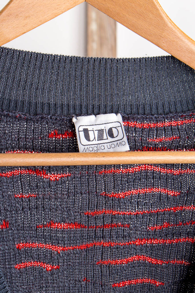 Vintage Strickpulli rot grau TIZIO 80er 90er Boho bunt Dandy Disco grau L 52-54 Mann Rockabilly rot XL 56-58 vintageberlin.de