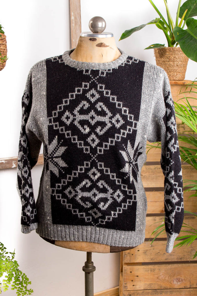 Winter Strickpullover Wollmix Default Title 80er Boho Dandy grau M 48-50 Mann Rockabilly schwarz vintageberlin.de