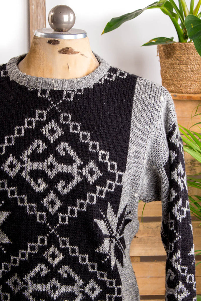 Winter Strickpullover Wollmix 80er Boho Dandy grau M 48-50 Mann Rockabilly schwarz vintageberlin.de
