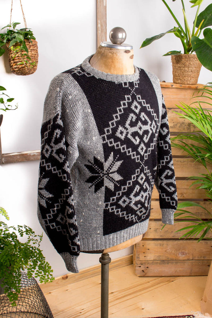 Winter Strickpullover Wollmix 80er Boho Dandy grau M 48-50 Mann Rockabilly schwarz vintageberlin.de