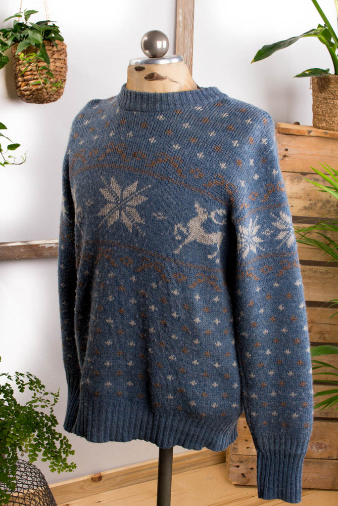 Vintage Island Pullover Rentier+Schnee 80er 90er blau Boho L 52-54 Mann Rockabilly vintageberlin.de