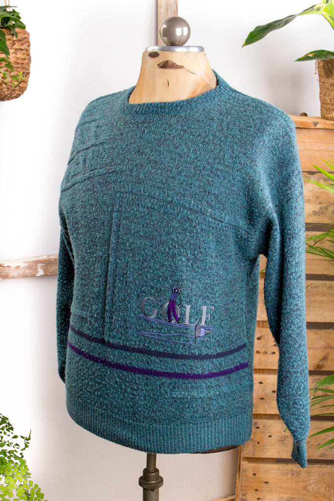 Vintage 80er Golf Pulli türkis 80er 90er Dandy Disco Mann S 44-46 türkis vintageberlin.de