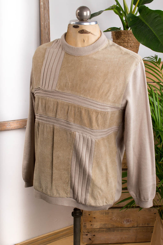 Vintage Pulli Strick + Leder 80er beige M 48-50 Mann vintageberlin.de