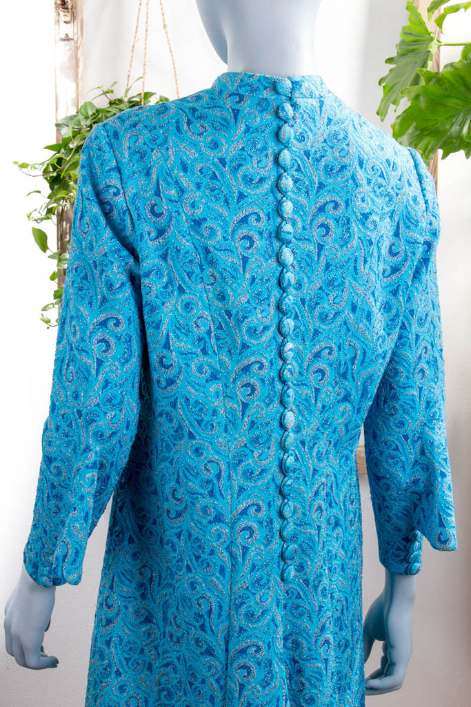 60er Abendkleid blau Brokat 60er 70er Abendmode blau Disco Frau L 44-46 M 40-42 Schlager Special türkis vintageberlin.de