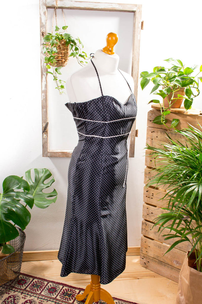 Cocktailkleid schwarz Satin Punkte 90er Abendmode Frau schwarz XS 32-34 vintageberlin.de