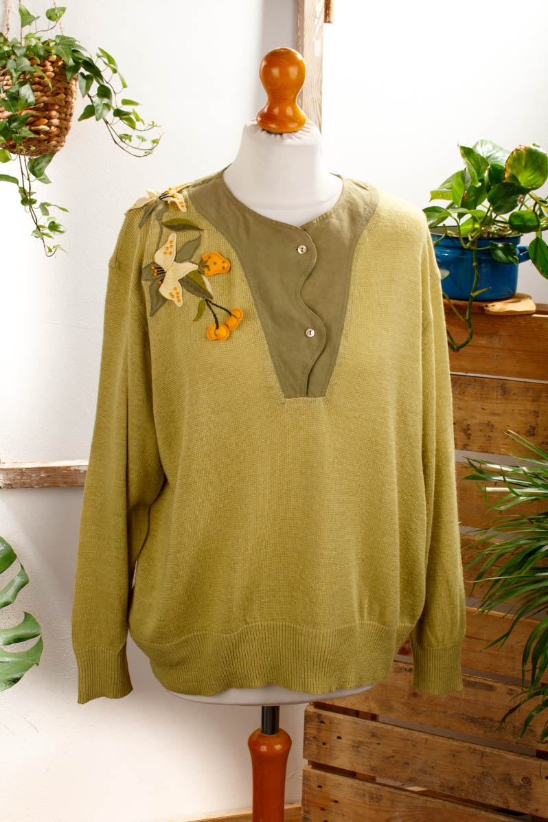 Leinenpulli mit Blumen Default Title 90er Frau grün L 44-46 Sekretärin vintageberlin.de
