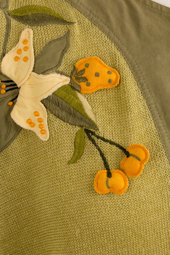 Leinenpulli mit Blumen 90er Frau grün L 44-46 Sekretärin vintageberlin.de