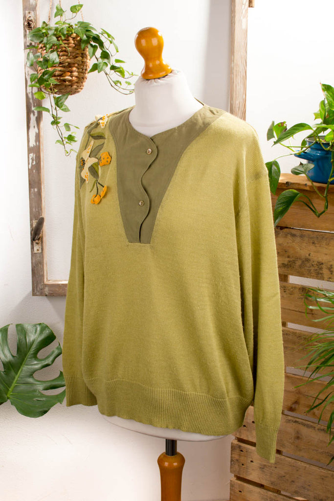 Leinenpulli mit Blumen 90er Frau grün L 44-46 Sekretärin vintageberlin.de